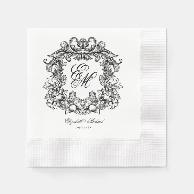 Elegant Vintage Crest Monogram Wedding Napkins (Front)