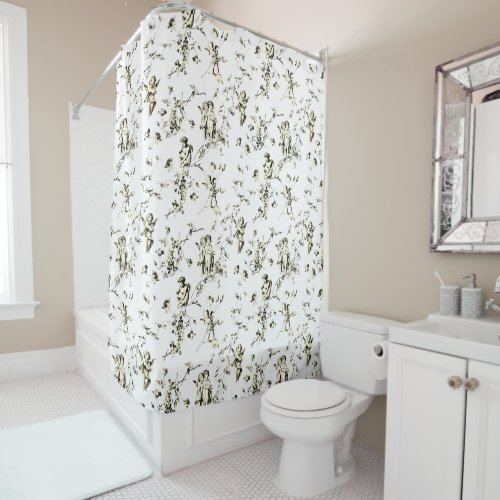 Elegant Vintage Cupid Angels Floral Beige Toile Shower Curtain