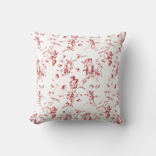 Elegant Vintage Cupid Angels Flowers Red Toile Throw Pillow