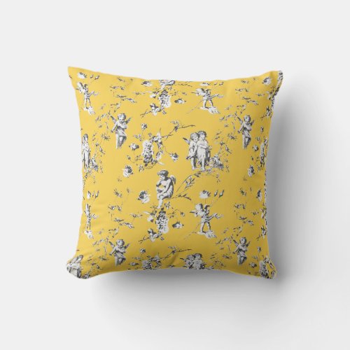 Elegant Vintage Cupid Angels Flowers Yellow Throw Pillow