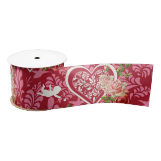 Elegant Vintage Cupid & Red Rose Valentine’s Day Satin Ribbon