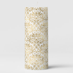 Elegant Vintage Damask Gold White Pillar Candle