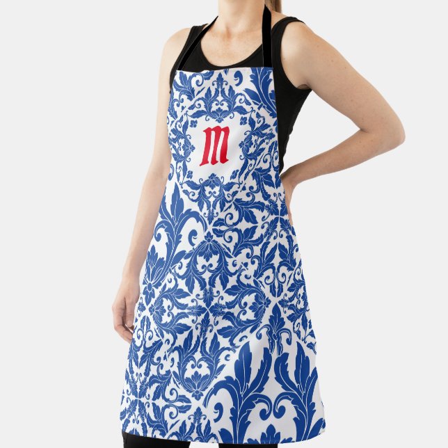 Elegant vintage damask navy Blue yellow monogram Apron (Insitu)