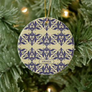 Elegant vintage damask navy Blue yellow monogram Ceramic Ornament