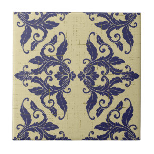 Elegant vintage damask navy Blue yellow monogram Ceramic Tile