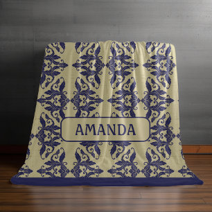 Elegant vintage damask navy Blue yellow monogram Fleece Blanket