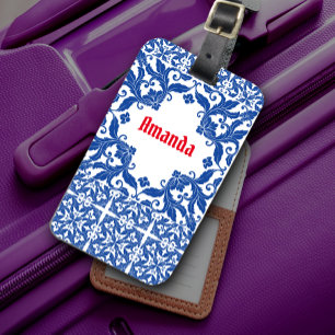 Elegant vintage damask navy Blue yellow monogram Luggage Tag