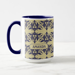 Elegant vintage damask navy Blue yellow monogram Mug