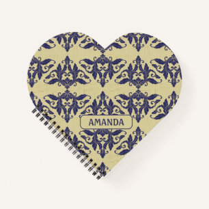 Elegant vintage damask navy Blue yellow monogram Notebook