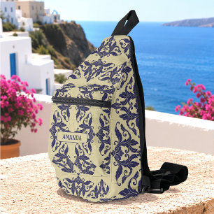 Elegant vintage damask navy Blue yellow monogram Sling Bag