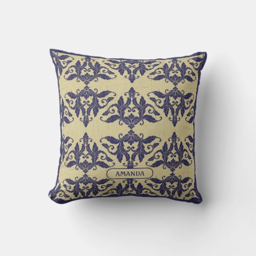 Elegant vintage damask navy Blue yellow monogram Throw Pillow