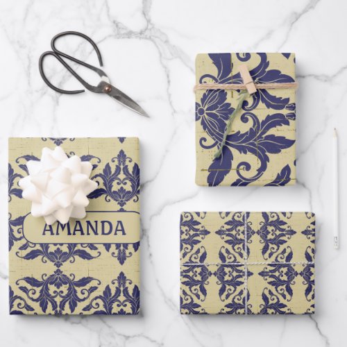 Elegant vintage damask navy Blue yellow monogram Wrapping Paper Sheets