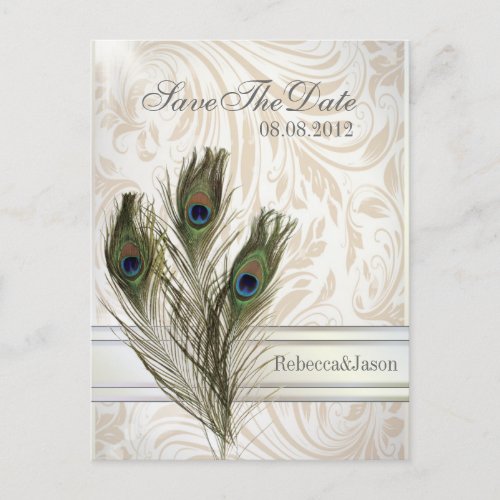 elegant vintage damask peacock Save the date Announcement Postcard