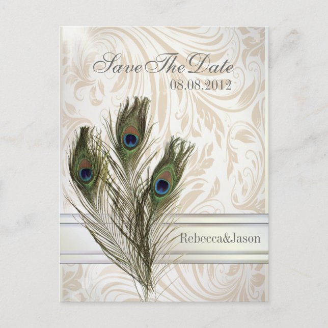 elegant vintage damask peacock Save the date Announcement Postcard (Front)