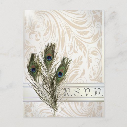 elegant vintage damask peacock wedding RSVP Invitation Postcard