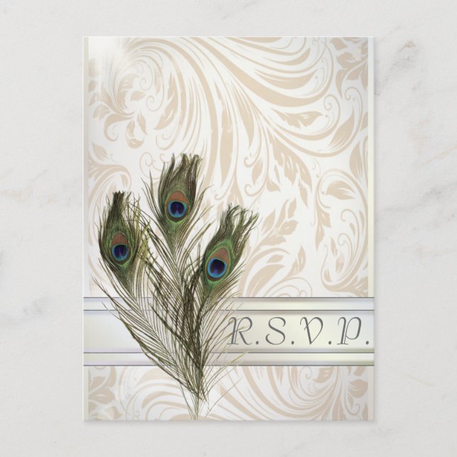 elegant vintage damask peacock wedding RSVP Invitation Postcard (Front)