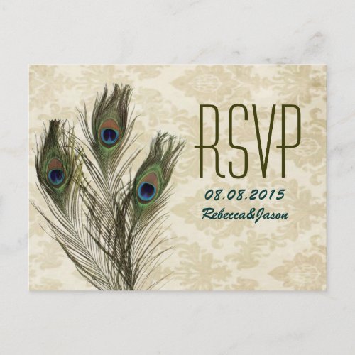 elegant vintage damask peacock wedding RSVP Invitation Postcard