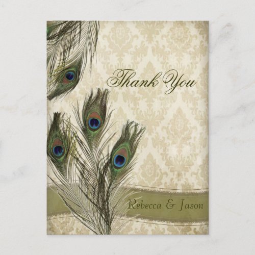 elegant vintage damask peacock wedding thank you postcard