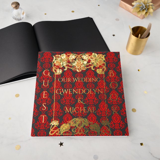 Elegant Vintage Damask Red  Foil Guest Book (Front Open)