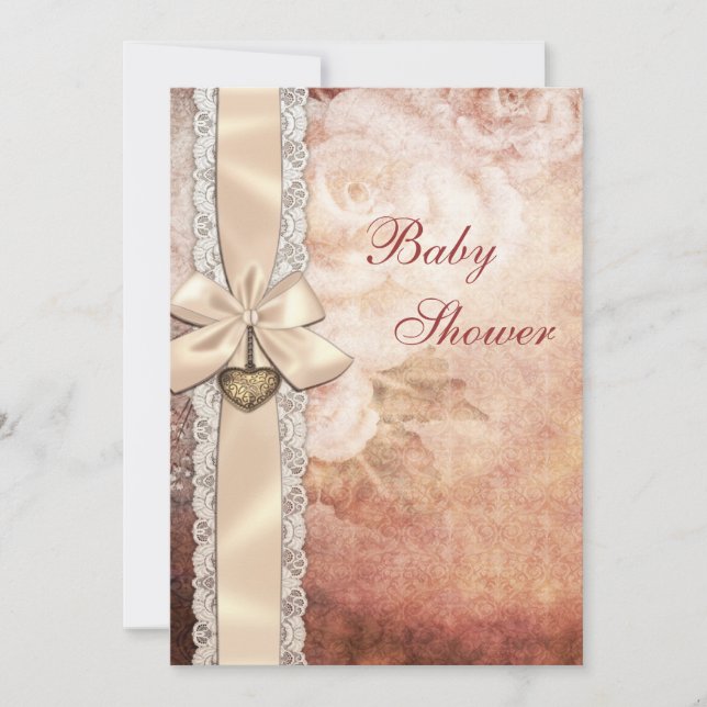 Elegant Vintage Damask Roses & Bow Baby Shower Invitation (Front)