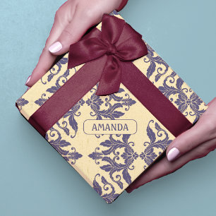 Elegant Vintage Damask Toile Navy Blue Yellow Wrapping Paper