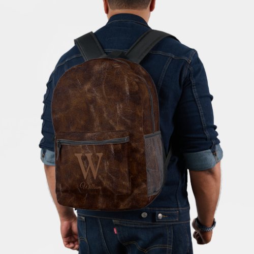 Elegant Vintage Dark Brown Cow Leather Monogrammed Printed Backpack