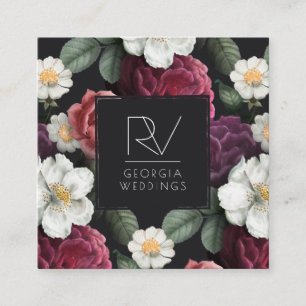 Elegant Vintage Dark Floral on Black   Monogram Square Business Card