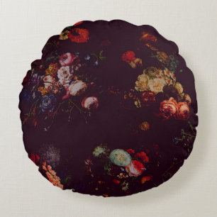 Elegant Vintage Dark Magenta Burgundy Floral Round Pillow
