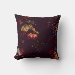Elegant Vintage Dark Magenta Red Floral Throw Pillow