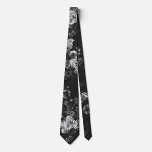Elegant Vintage Dark Moody Black Gray Floral Neck Tie