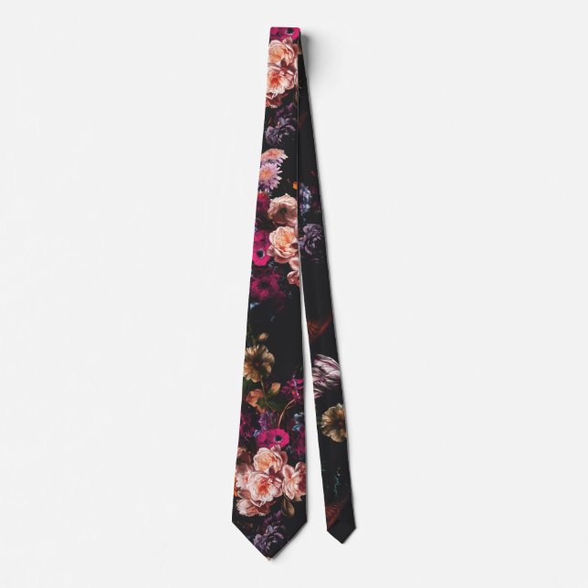 Elegant Vintage Dark Moody Burgundy Floral  Neck Tie (Front)