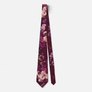 Elegant Vintage Dark Moody Burgundy Floral Neck Tie