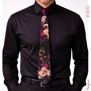 Elegant Vintage Dark Moody Burgundy Floral  Neck Tie