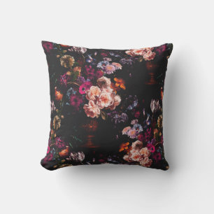 Elegant Vintage Dark Moody Burgundy Floral Throw Pillow