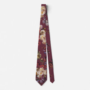 Elegant Vintage Dark Moody Floral on Burgundy Neck Tie