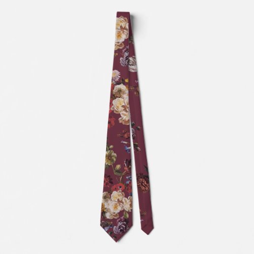 Elegant Vintage Dark Moody Floral on Burgundy Neck Tie