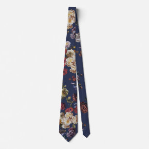 Elegant Vintage Dark Moody Floral on Navy Blue Neck Tie