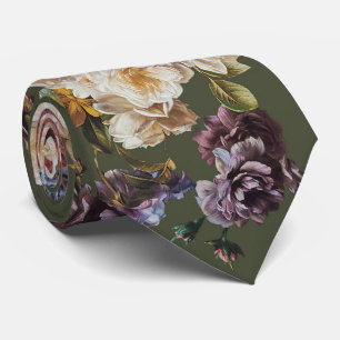 Elegant Vintage Dark Moody Floral on Olive Green Neck Tie