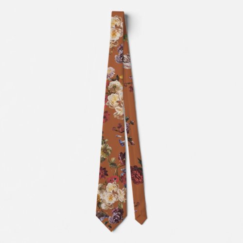 Elegant Vintage Dark Moody Floral on Orange Neck Tie