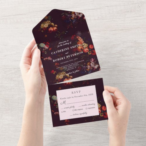 Elegant Vintage Dark Moody Floral Wedding All In One Invitation