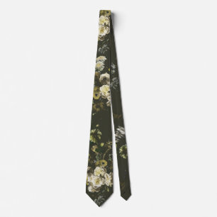 Elegant Vintage Dark Moody Olive Green Floral Neck Tie