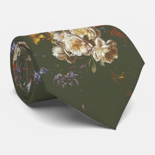 Elegant Vintage Dark Moody Olive Green Floral Neck Tie