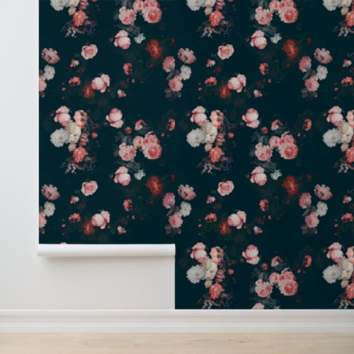 Elegant Vintage Dark Moody Pink Roses Floral  Wallpaper