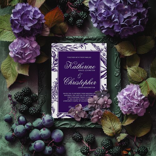 Elegant Vintage Dark Purple Botanical Wedding Invitation