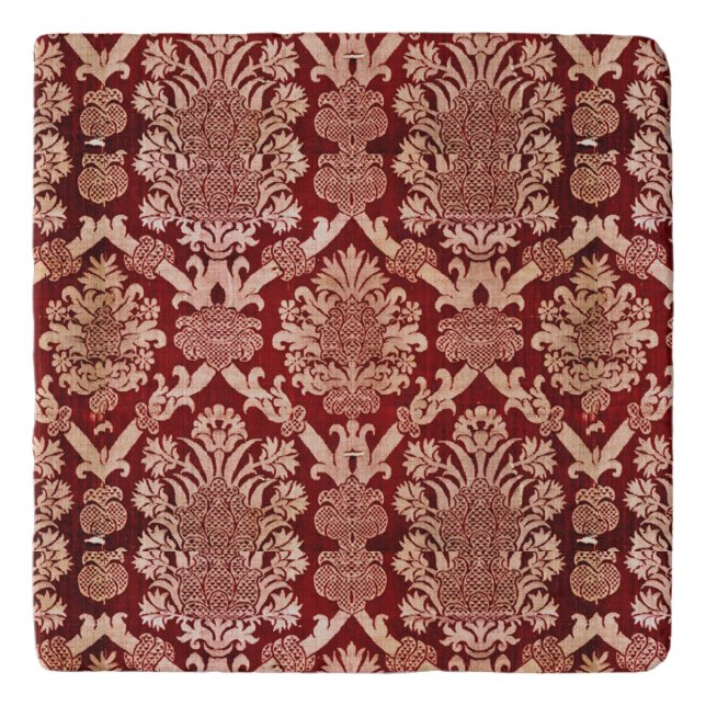 Elegant Vintage Dark Red Beige Damask Weave Trivet (Front)