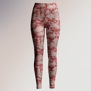 Elegant vintage dark red toile de jouy leggings