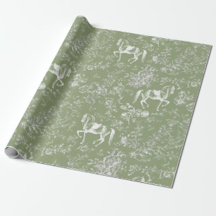 Elegant Vintage Dark Sage Horses Floral Patter Wrapping Paper
