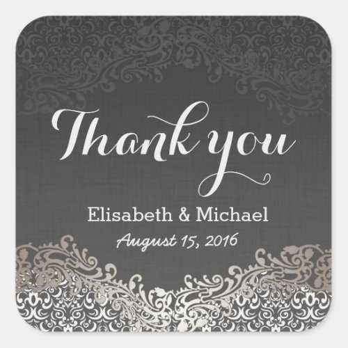 Elegant Vintage Dark Silver Damask _ Thank You Square Sticker