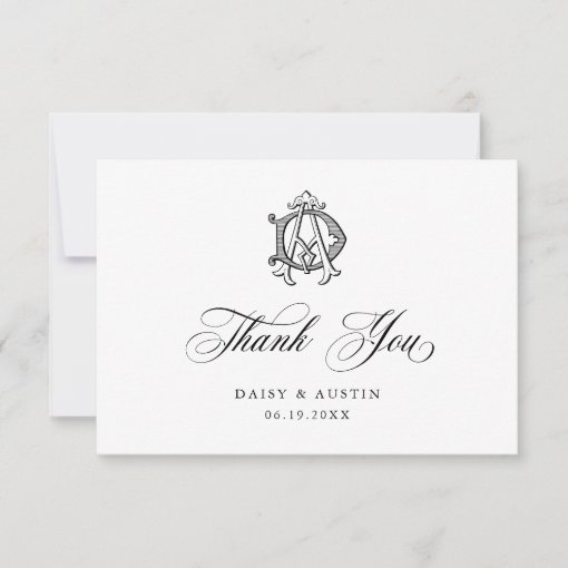 Elegant Vintage Decorative Monogram AD Wedding Thank You Card | Zazzle