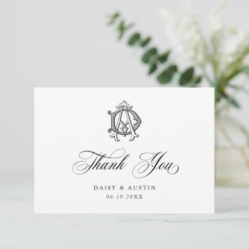 Elegant Vintage Decorative Monogram AD Wedding Thank You Card | Zazzle